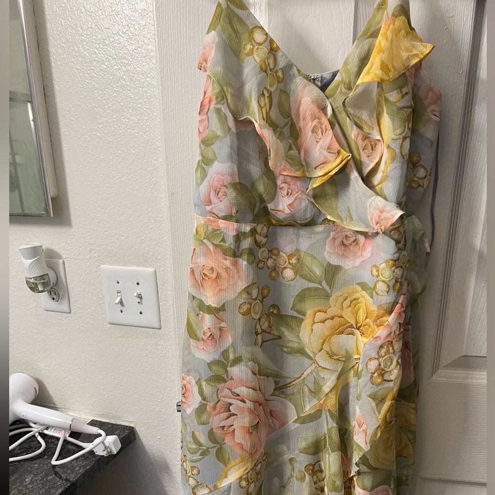 Floral Print Ruffle Faux Wrap Hi - Low Maxi Dress